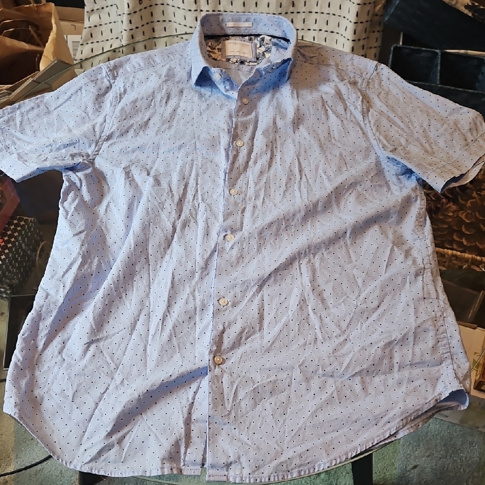 ALL SALES END 12/30 Denim & Flower Men's Blue Short Sleeve Shirt Micro Dot Large